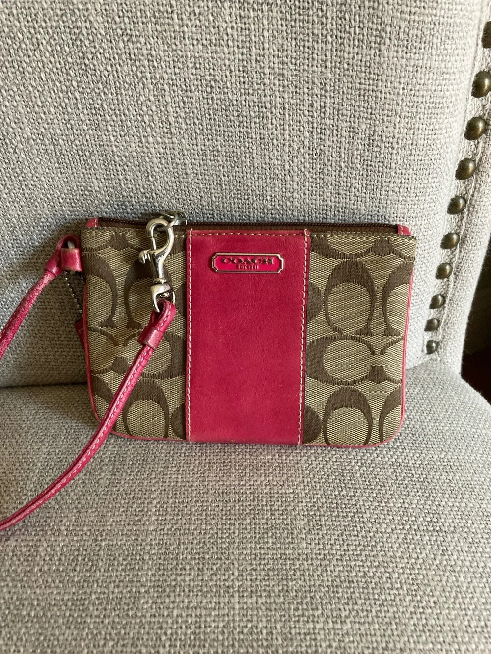 Coach Brown Signature Canvas Wristlet with Pink Leather Trim
